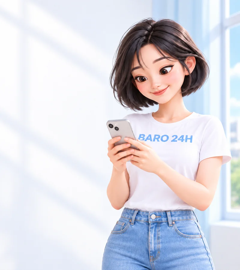 휴대폰을 들고 상담을 안내하는 BARO 24H 티셔츠 차림의 20대 3D 인물